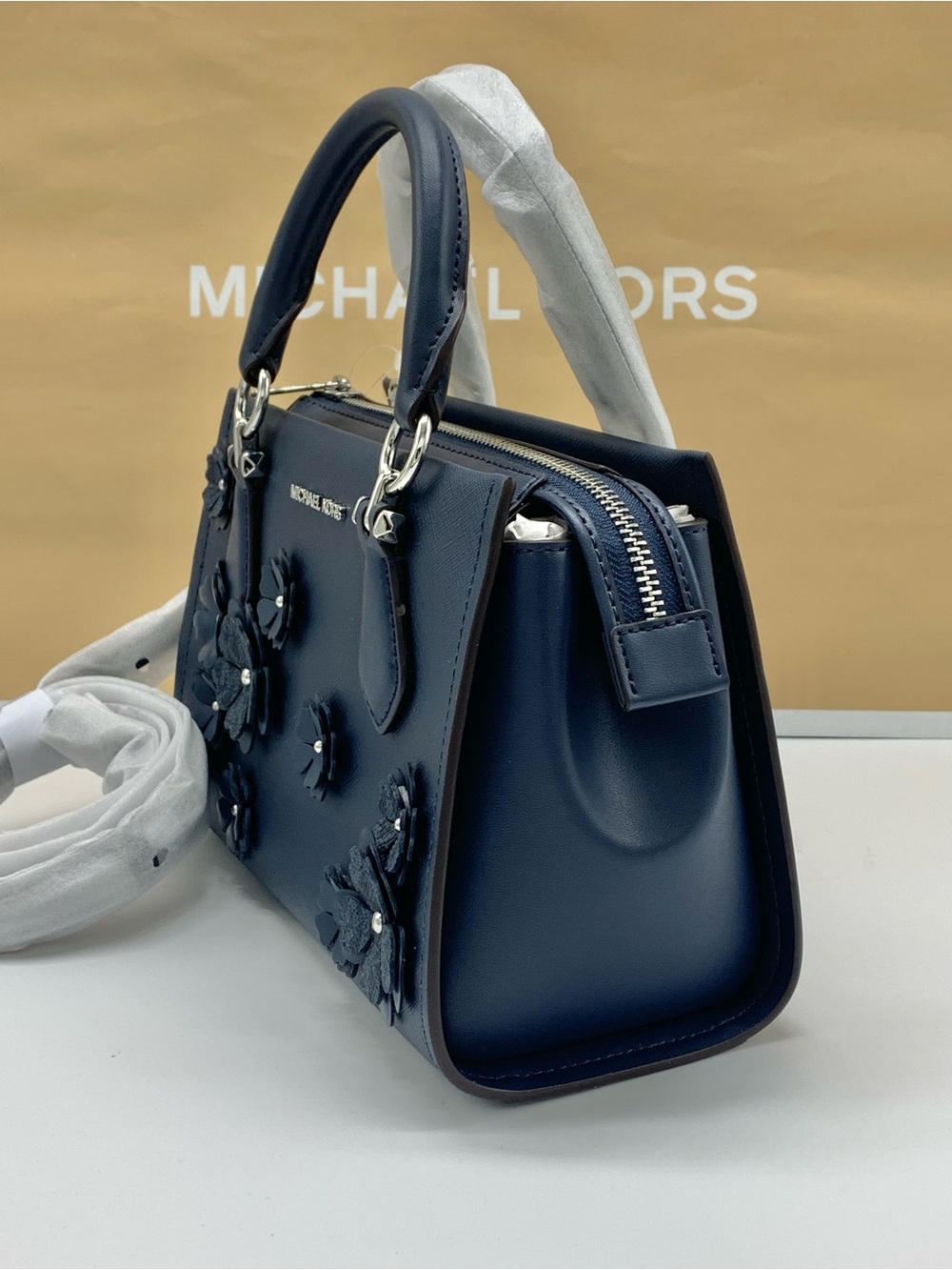 Michael Kors Marilyn Navy Floral Applique Satchel - Picture 6 of 15
